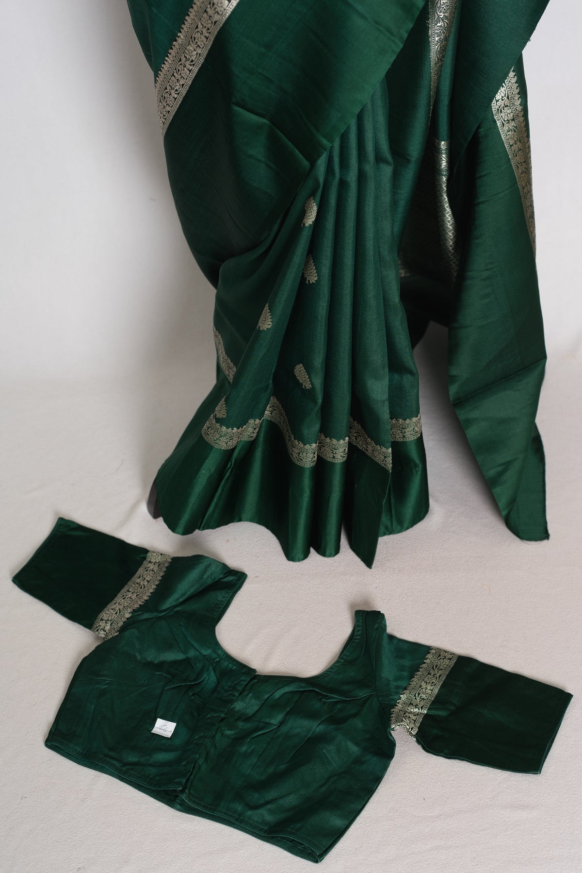 Protha : Bottle Green Tussar Silk Banarasi Saree with 36 Size Blouse
