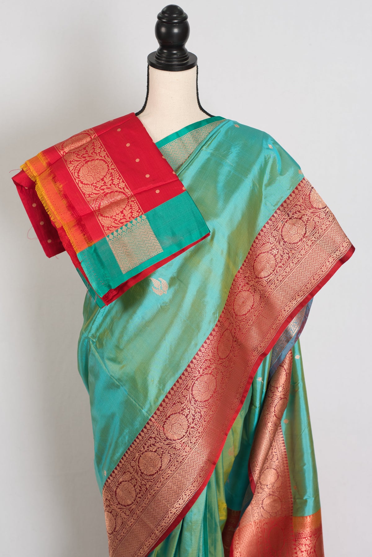 Nandini | Sea Green & Red Ganga Jamuna Border Banarasi Silk Saree