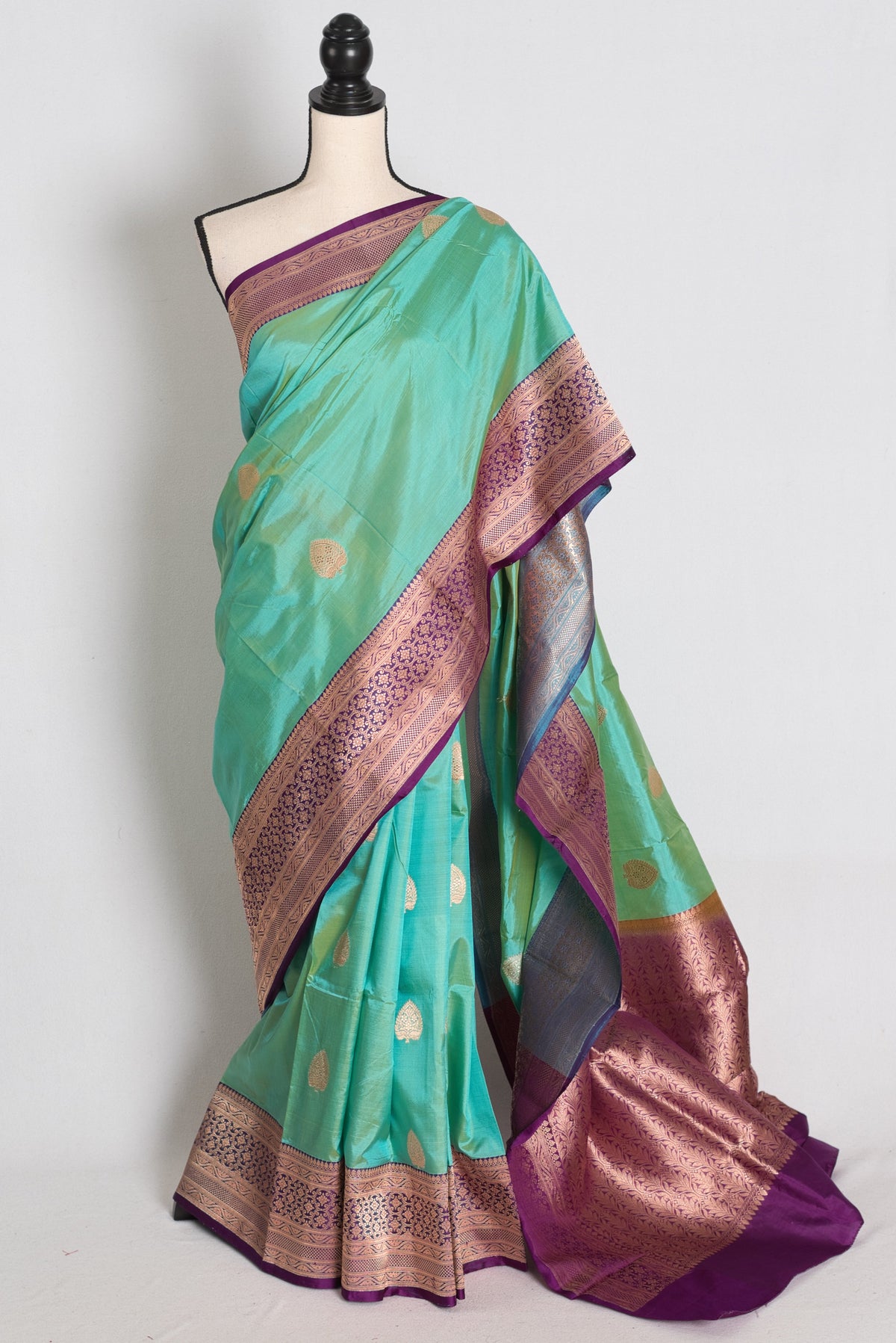 Sumana : Sea Green and Royal Purple Pure Banarasi Katan Silk Saree