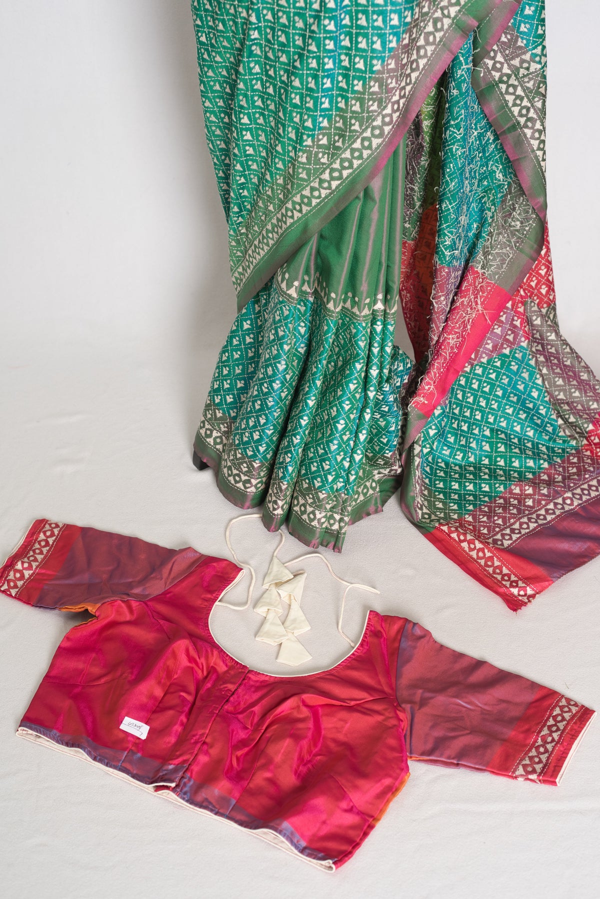 Damini : Green Semi Silk Kantha Embroidery Saree with 42 Size Stitched Blouse