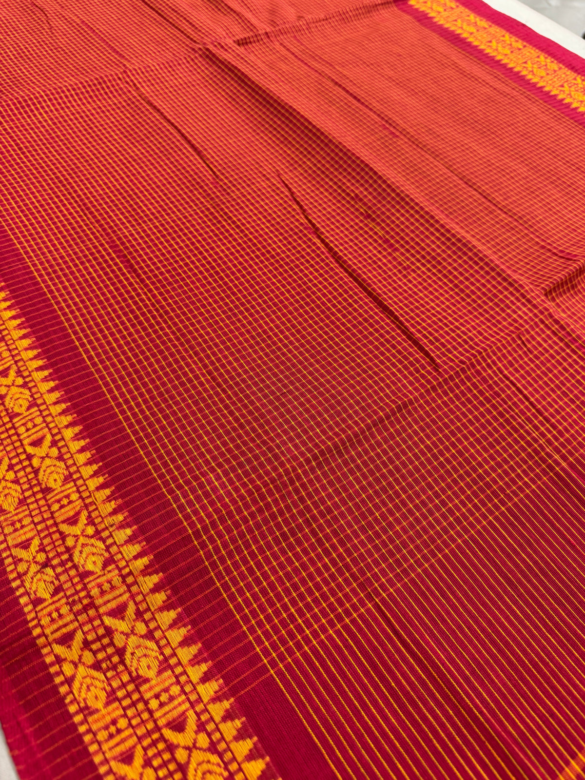 Mahua : Red and Yellow Soft Cotton Dhaniakhali Saree