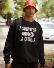 I Survived La Chancla Fleece-Lined Crewneck Sweater | Chancleta Joke Design Latino Pride Funny Viral | 3 Colors