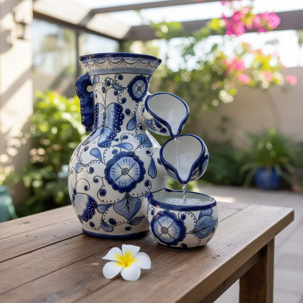 Handmade Talavera Fountain | Blue and White Mexican Ceramic Decor