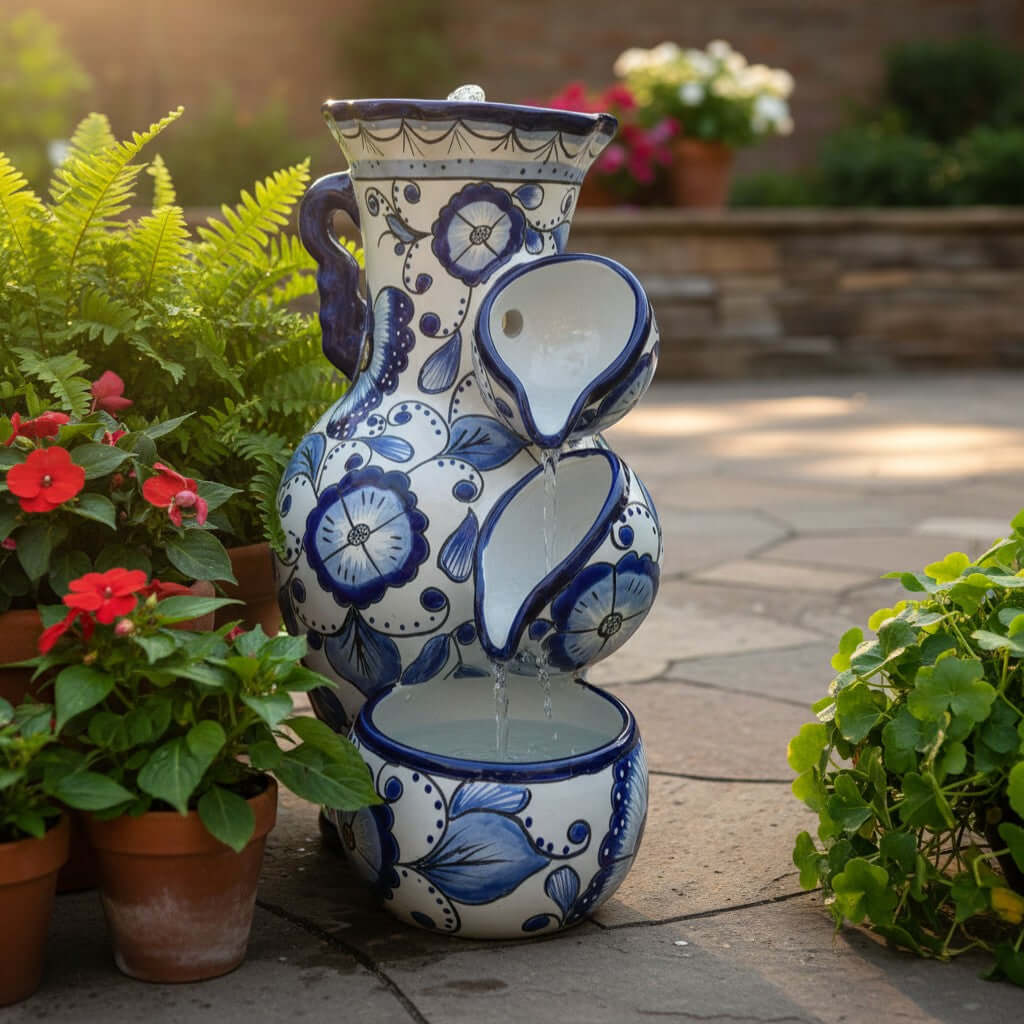 Handmade Talavera Fountain | Blue and White Mexican Ceramic Decor