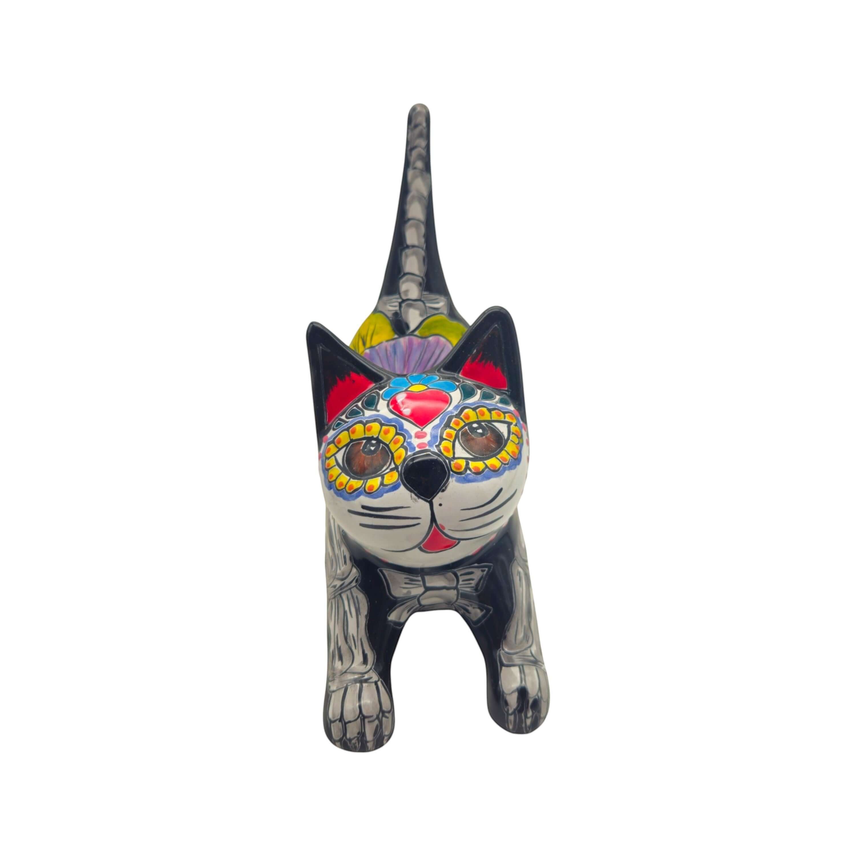 Hand-Painted Talavera Stretching Cat Statue | Day of the Dead Mexican Decor