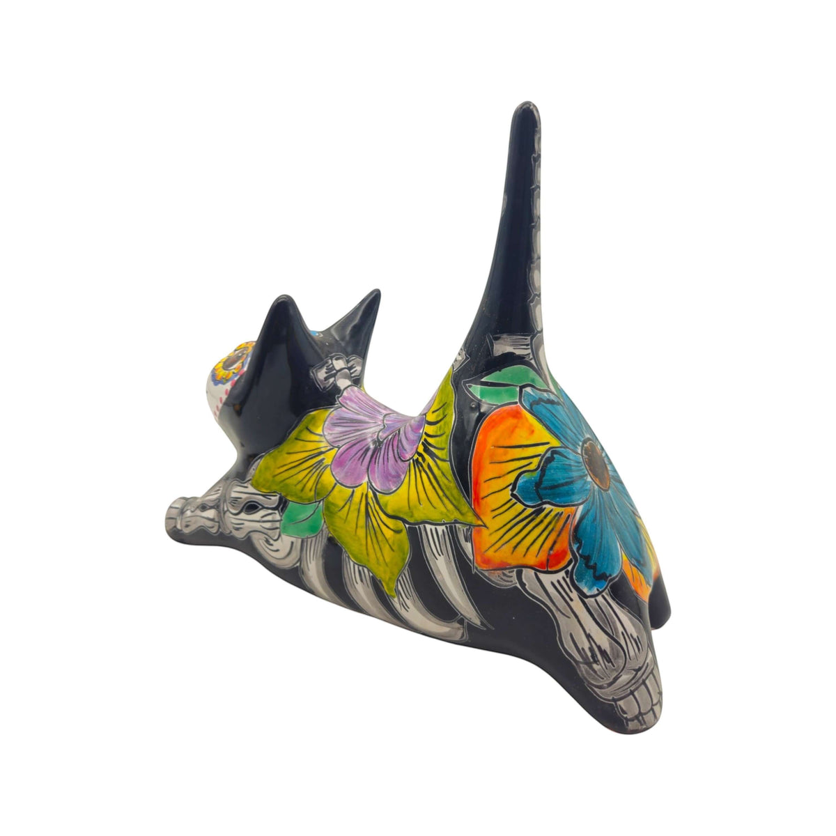 Hand-Painted Talavera Stretching Cat Statue | Day of the Dead Mexican Decor