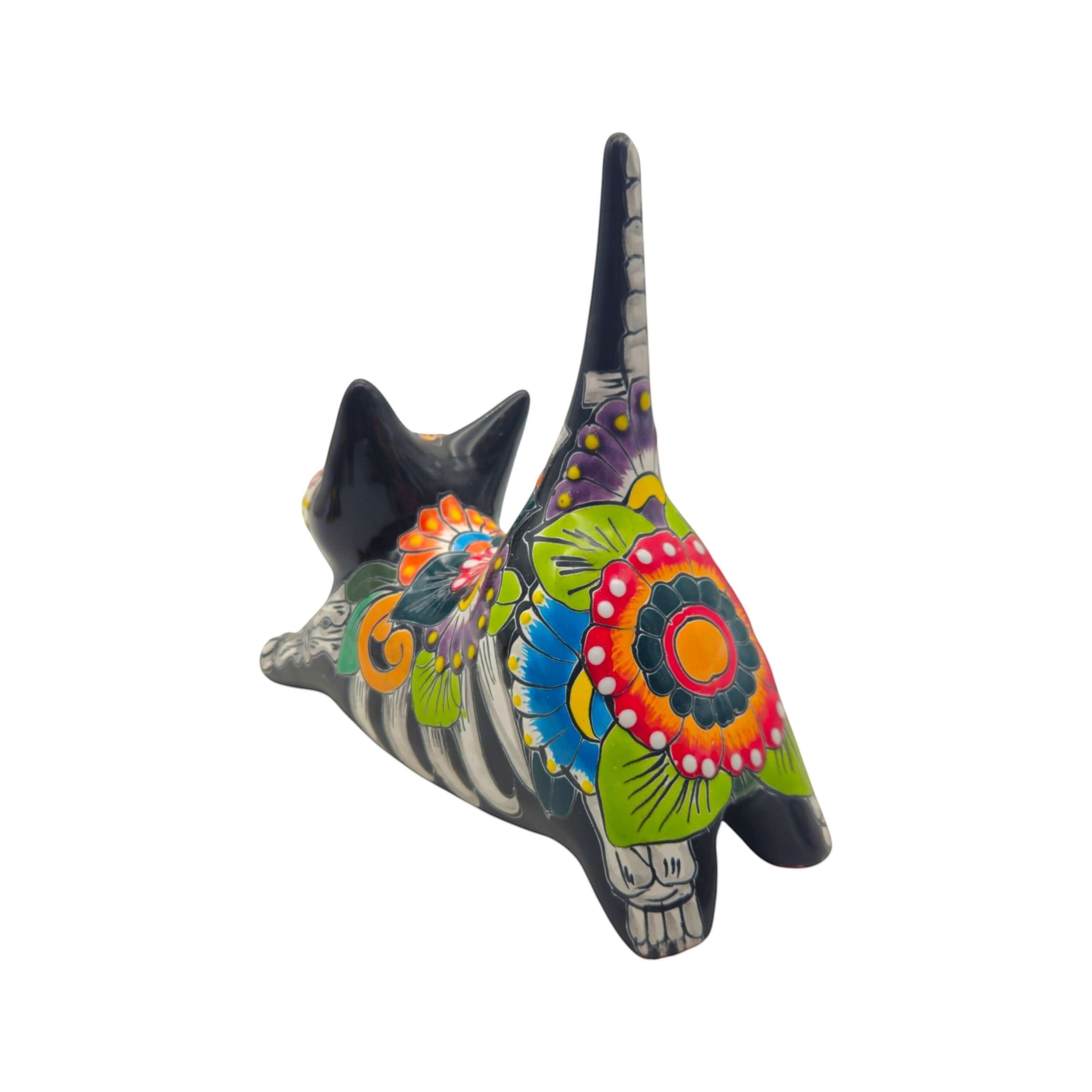 Hand-Painted Talavera Stretching Cat Statue | Day of the Dead Mexican Decor