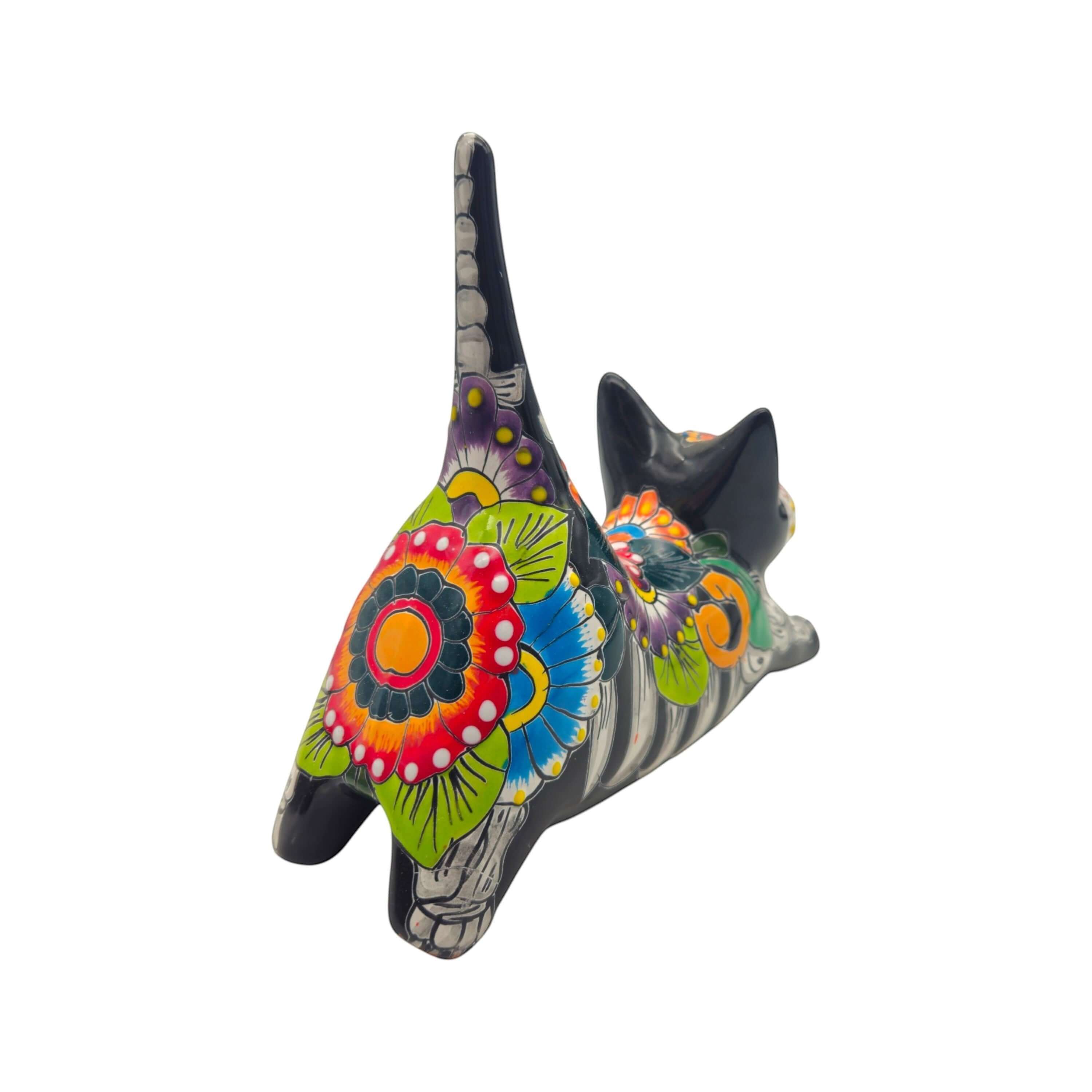 Hand-Painted Talavera Stretching Cat Statue | Day of the Dead Mexican Decor