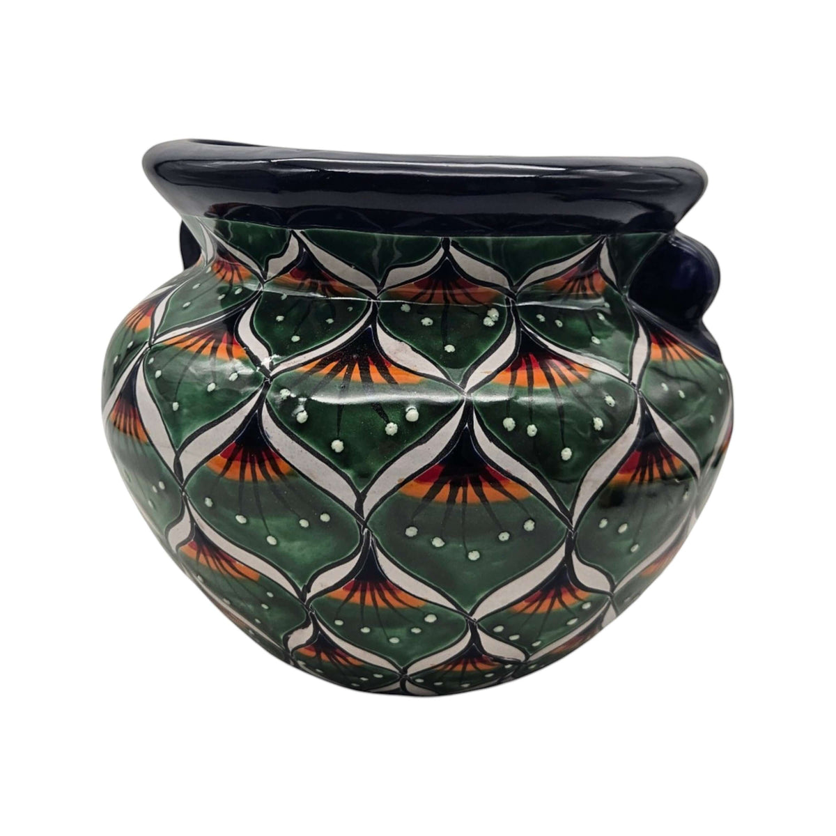 Vibrant Talavera Flower Pot | Green Peacock Design