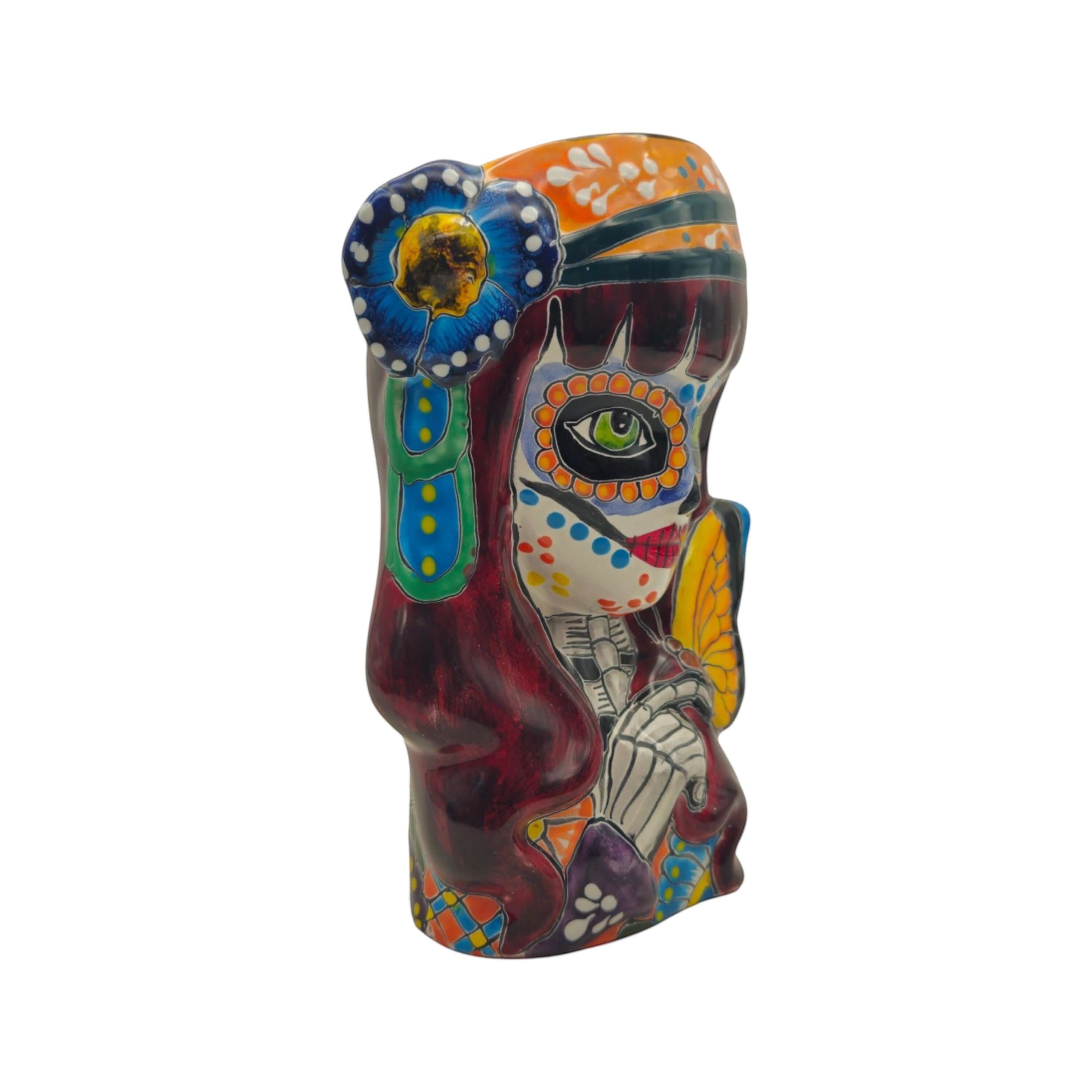 Talavera Butterfly Skull Planter | Handcrafted Day of the Dead Ceramic Pot
