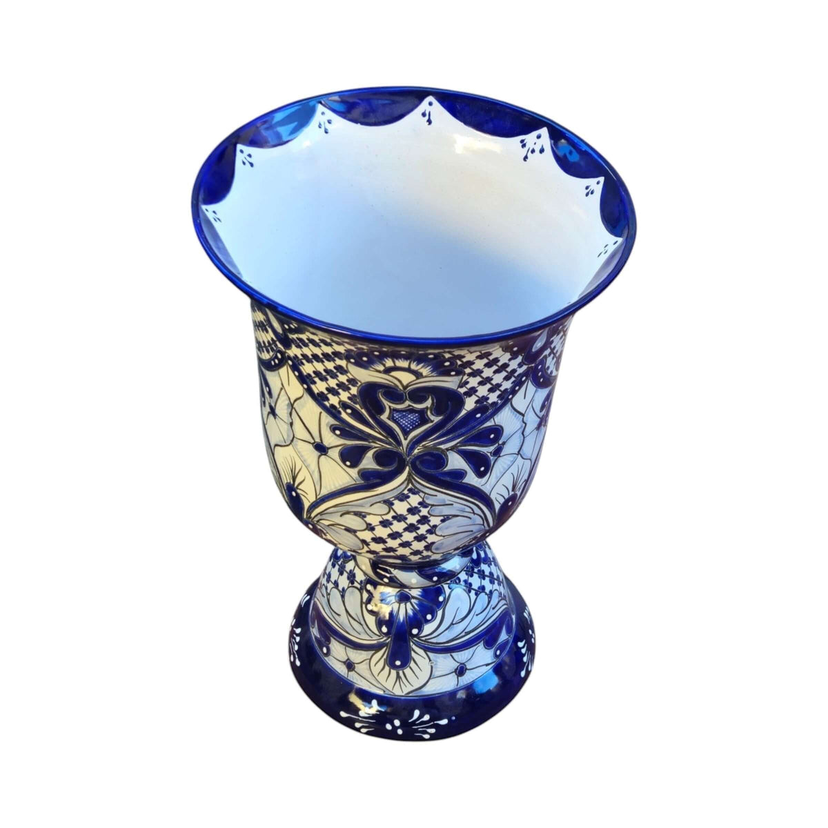 XL Talavera Planter | Hand-Painted Blue Pedestal Flower Pot