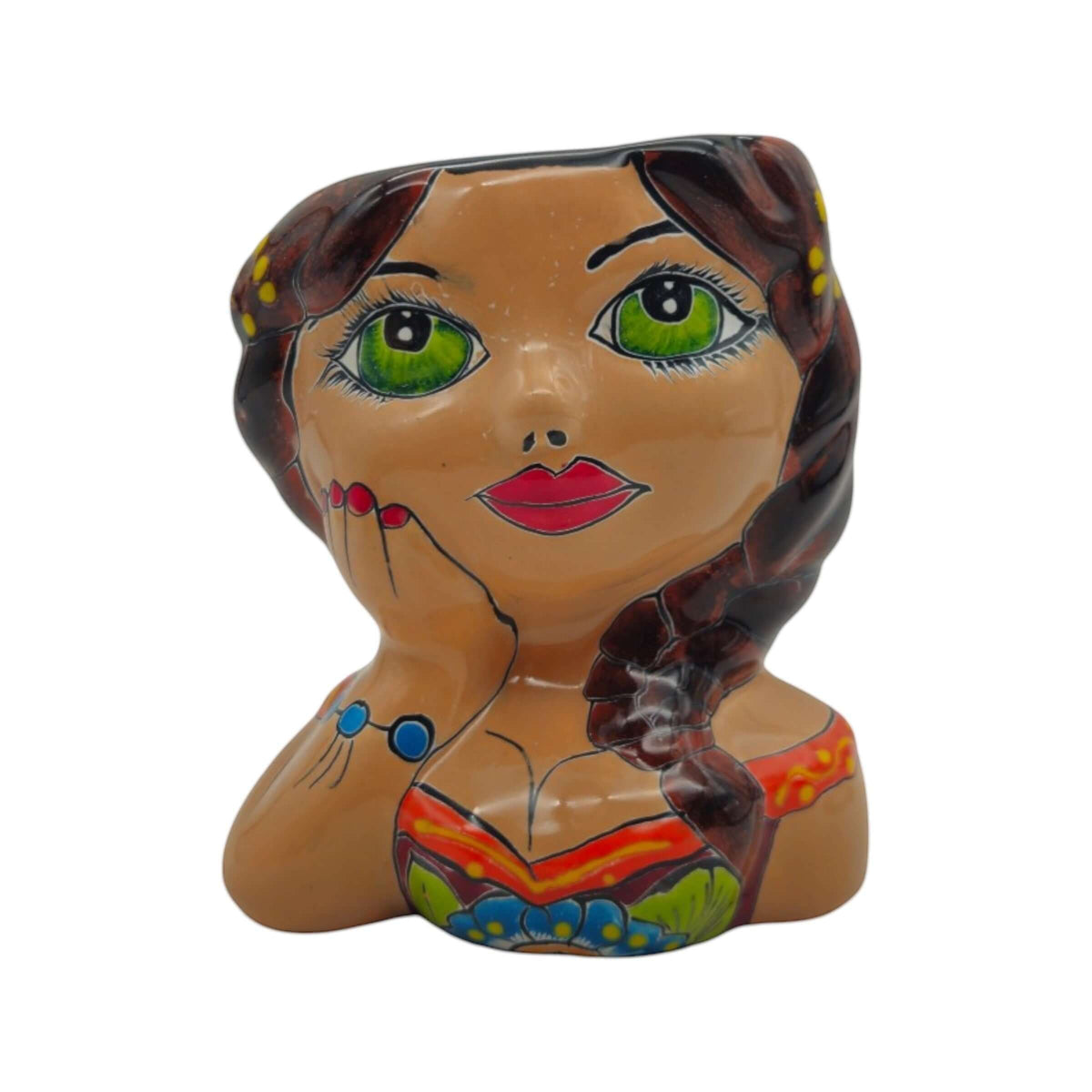 Hand-Painted Talavera Ceramic Lady Planter | Mexican Artwork Décor
