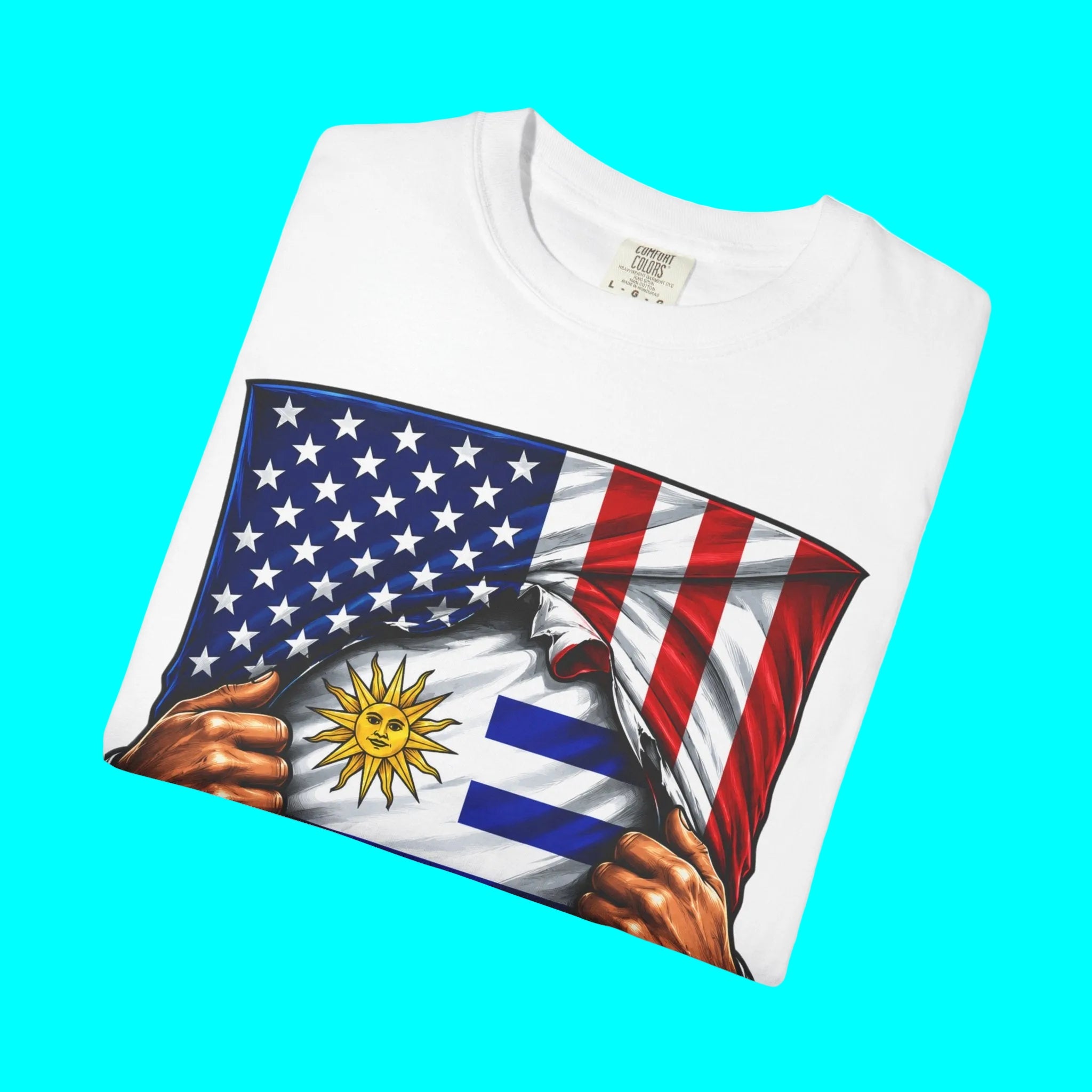 Uruguay Flag + USA Flag Pride T-shirt | Uruguayan + American Flag Rip 4th Of July | Funny Viral Latino Tees | Unisex - 4 Colors