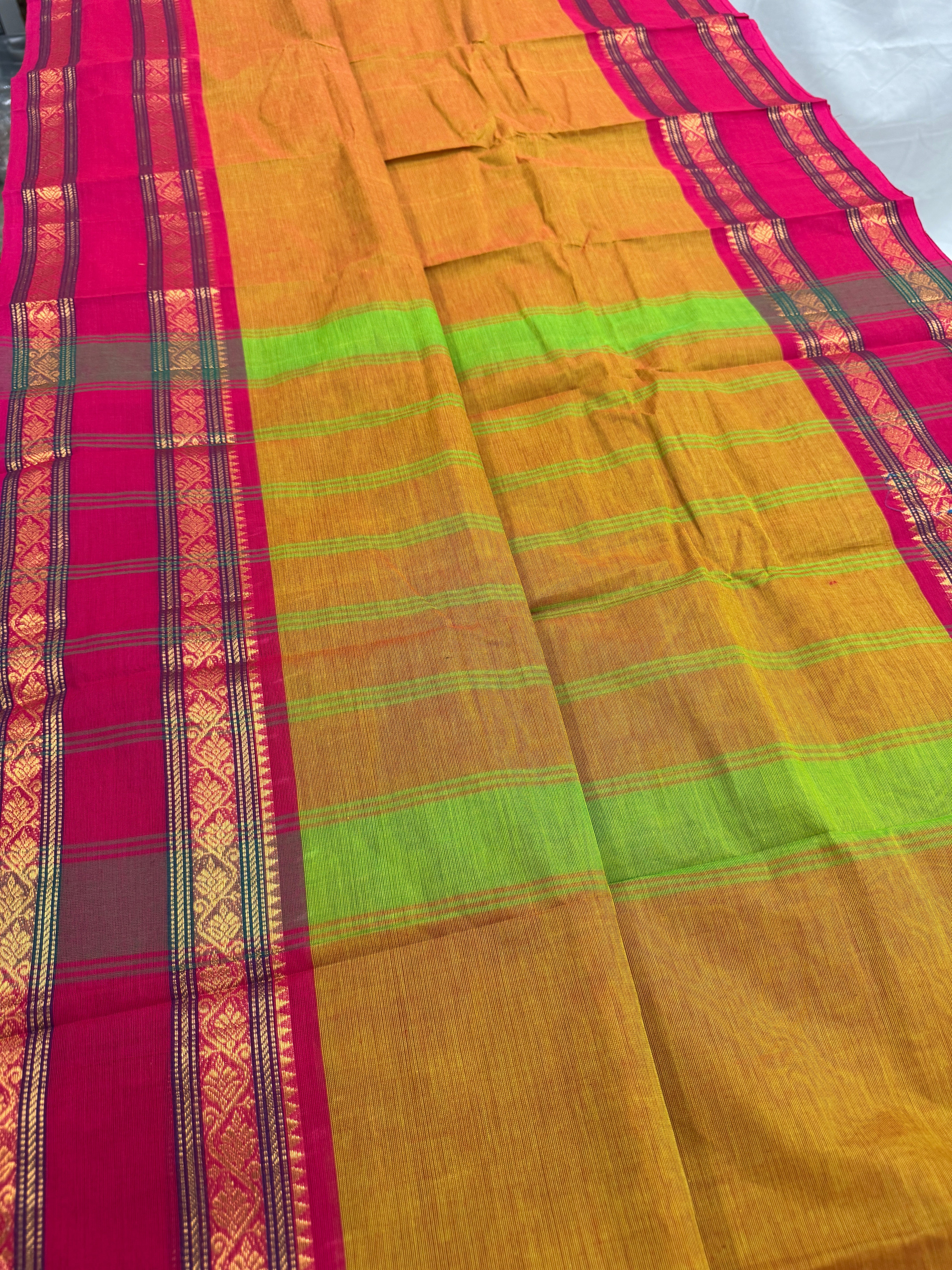 Vrinda : Handwoven Kanchi Cotton Saree in Orangish Yellow with Rani Pink