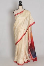 Durga: Cream and Red Semi Silk Printed Durga Puja Saree