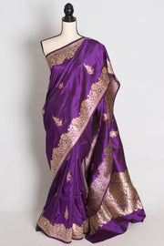 Gauri: Eggplant Purple Kadwa Banarasi Silk Saree with Gold Zari