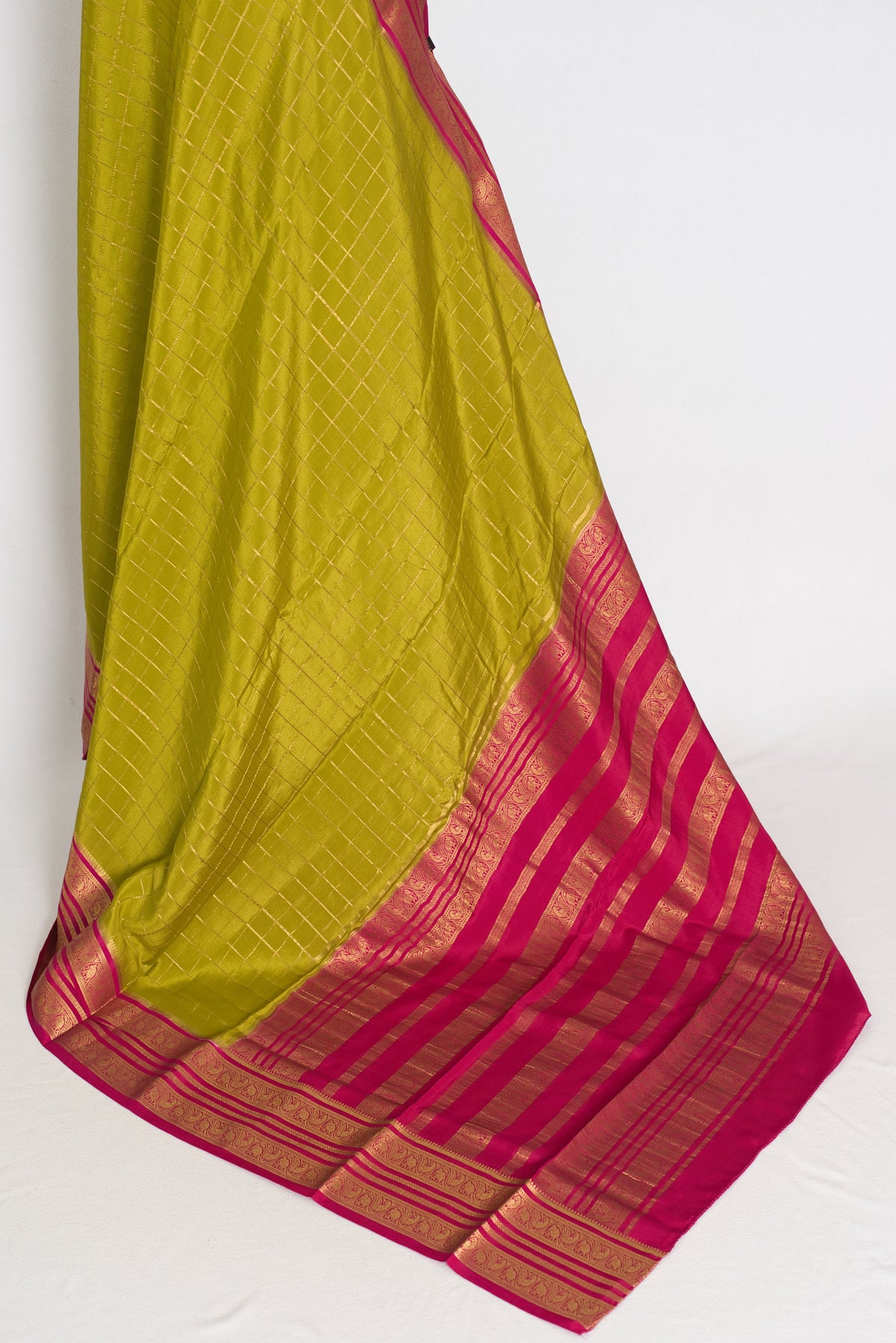 Maya – Moss Green and Dark Pink Checked Pure Mysore Silk Saree