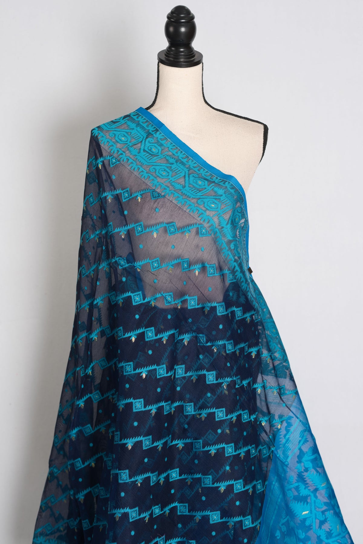 Neelam : Navy Blue and Turquoise Soft Blended Cotton Jamdani Saree