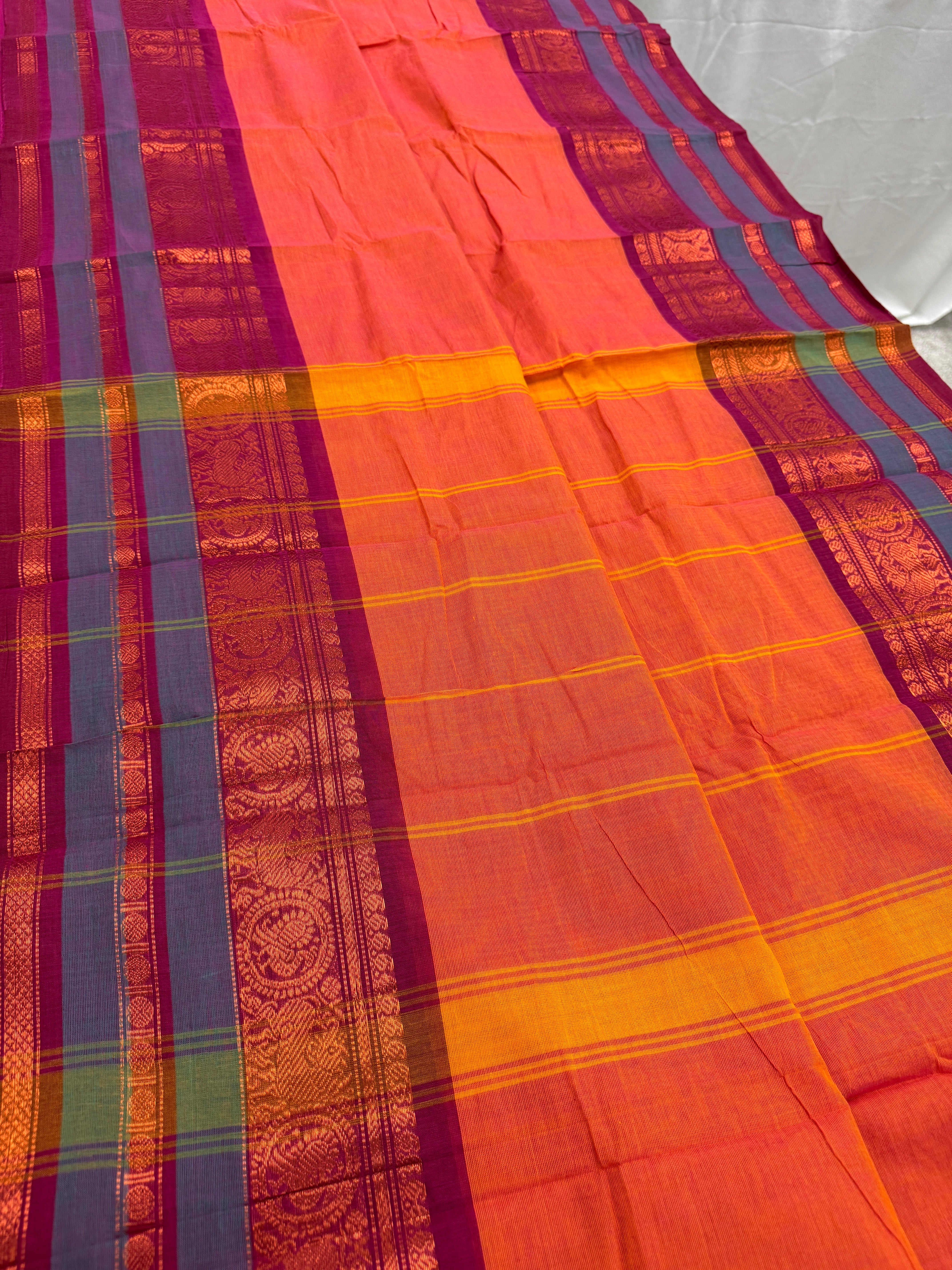 Malathi : Handwoven Kanchi Cotton Saree in Orange and Magenta