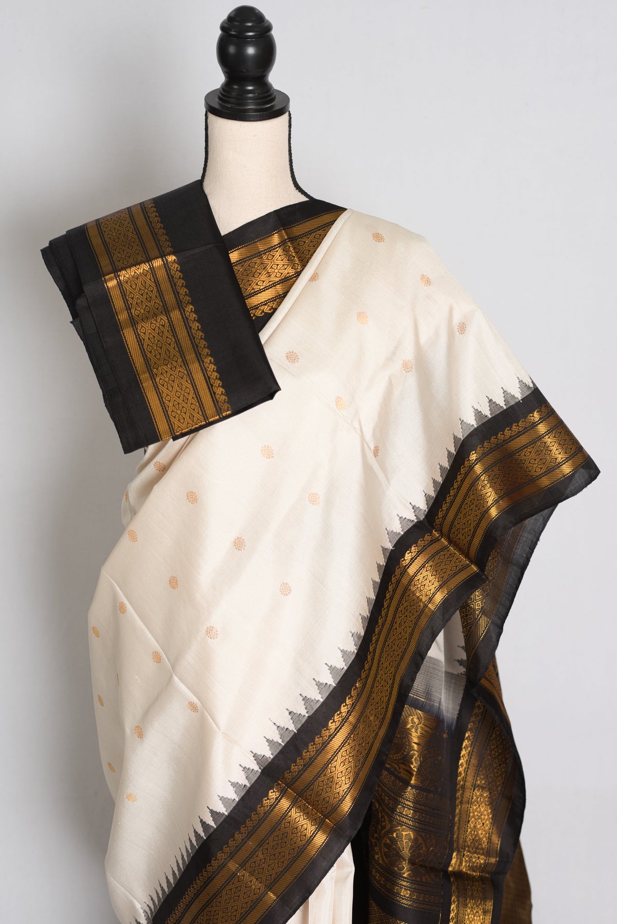 Sabina : Off White and Black Handwoven Gadwal Silk Saree with Gold Zari