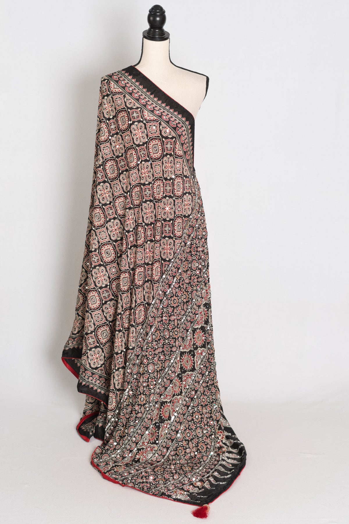 Trisha : Black and Red Semi Modal Silk Ajrakh Saree with Hand-Pasted Mirrors
