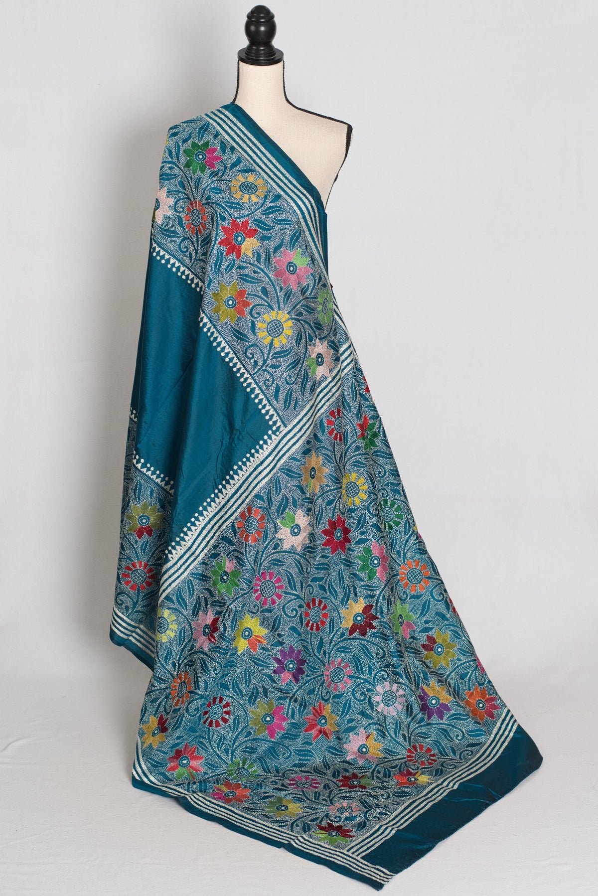 Dhriti : Teal Blue Hand Embroidered Kantha Stitch Pure Bangalore Silk Saree