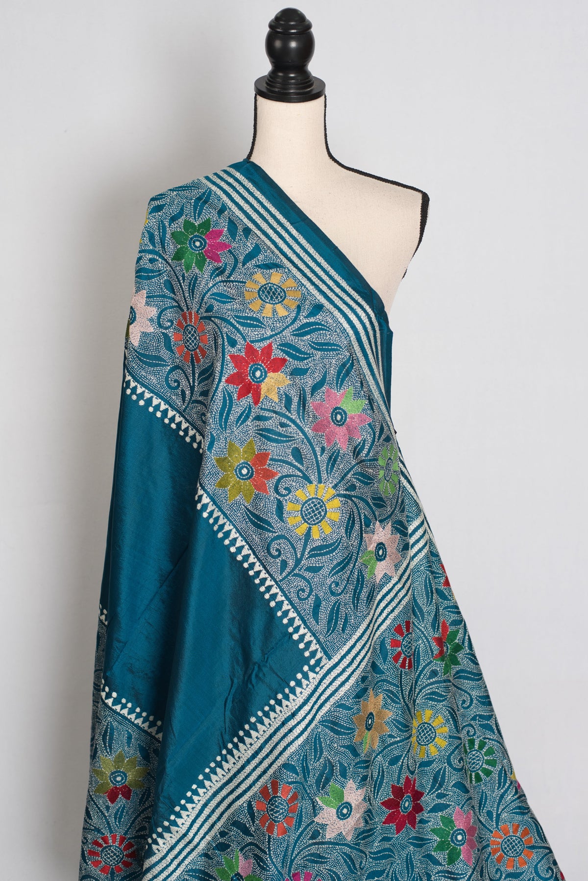 Dhriti : Teal Blue Hand Embroidered Kantha Stitch Pure Bangalore Silk Saree