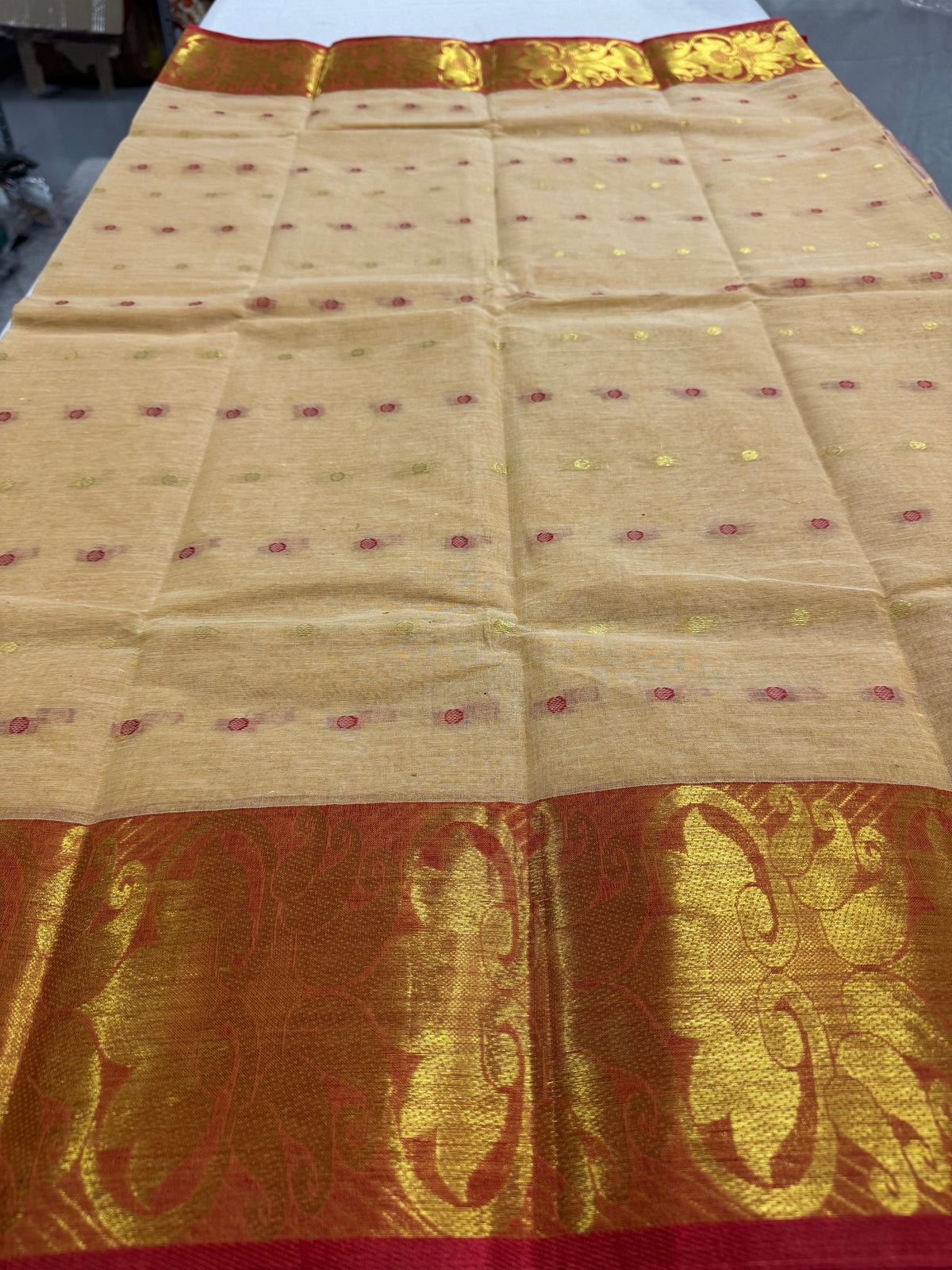 Gita : Beige and Red Bengal Handloom Pure Cotton Tant Saree with Hazar Buti