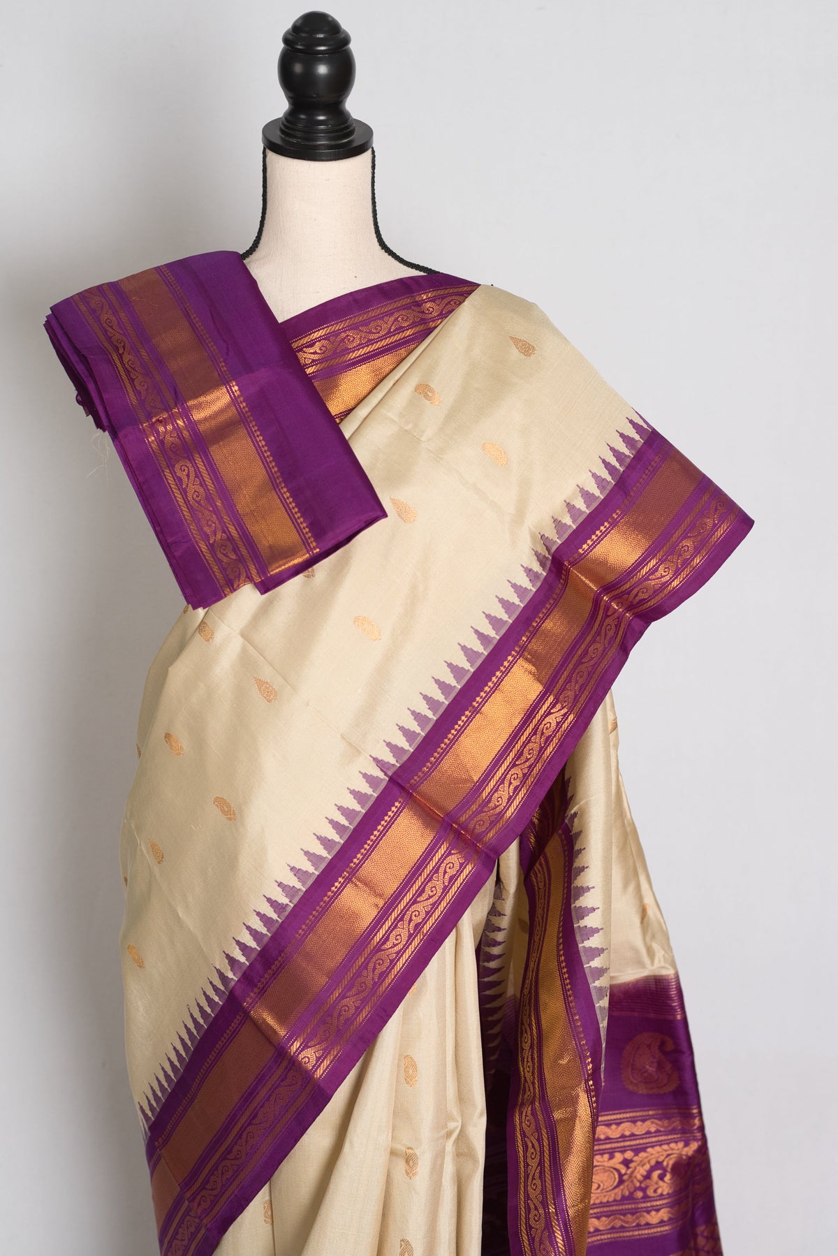 Sree : Clay White and Purple Handwoven Gadwal Silk Saree with Gold Zari