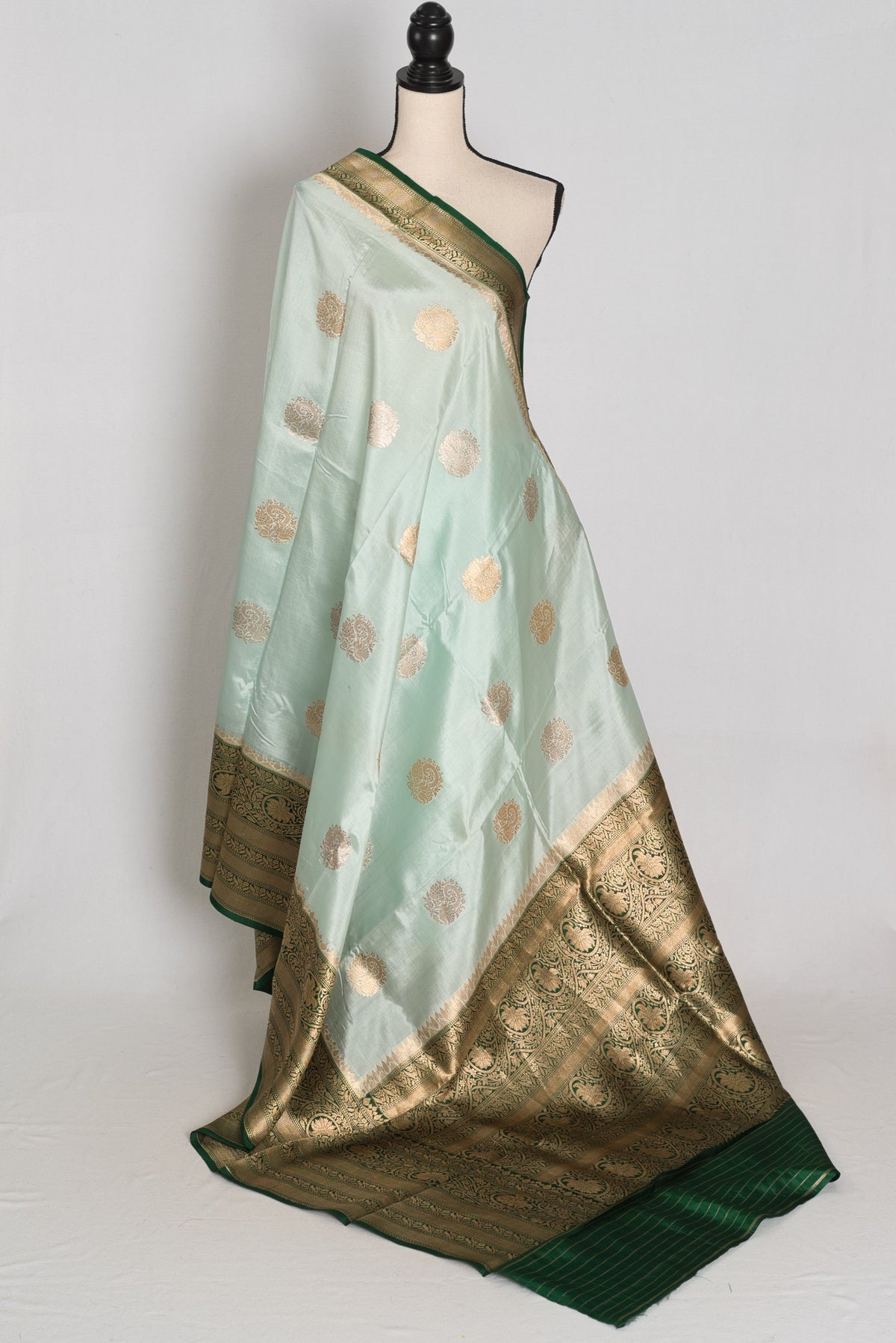 Anisha : Mint Green and Bottle Green Satin Pure Silk Banarasi Saree | Silk Mark