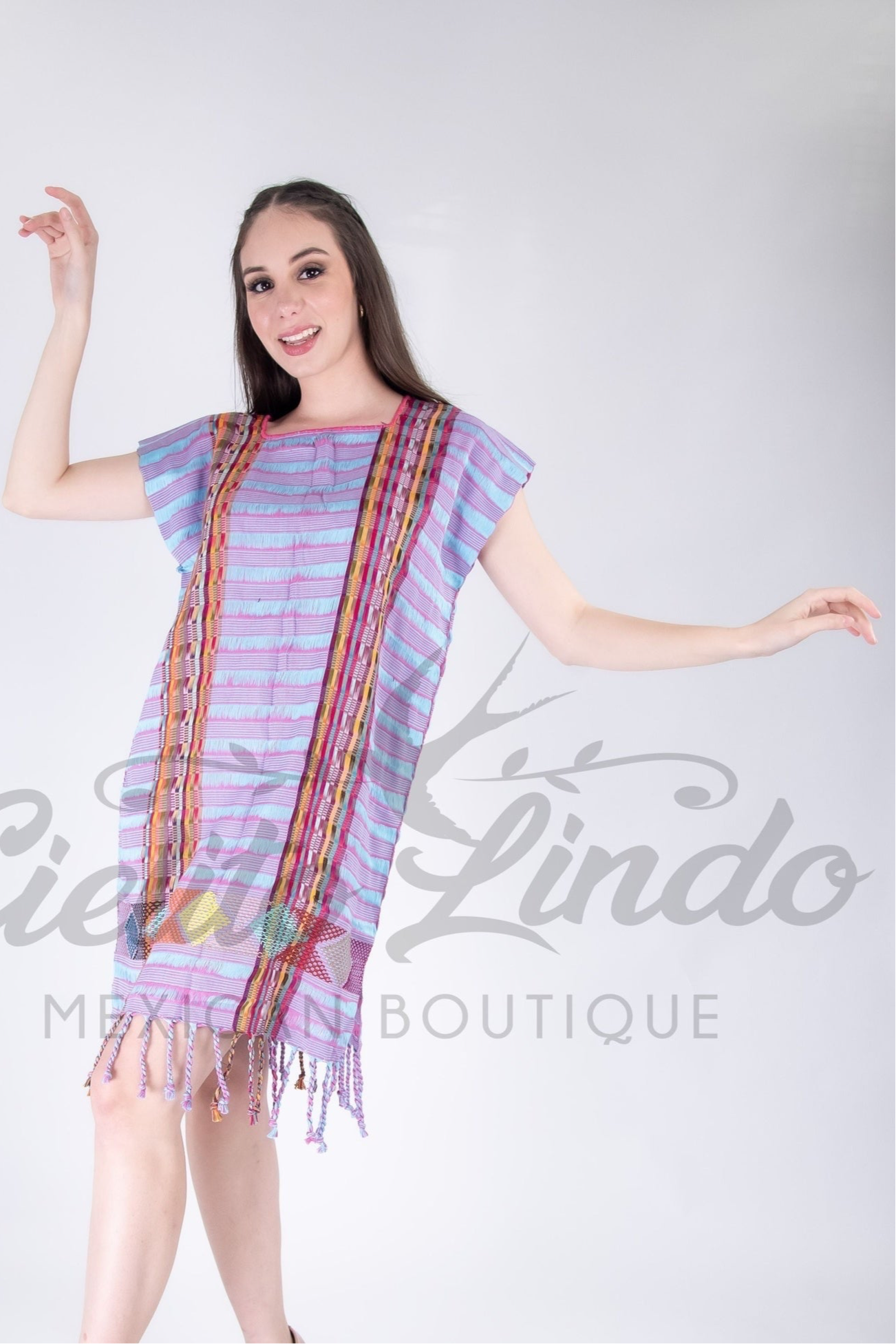 Handmade Loom Huipil Dress Pink Blue