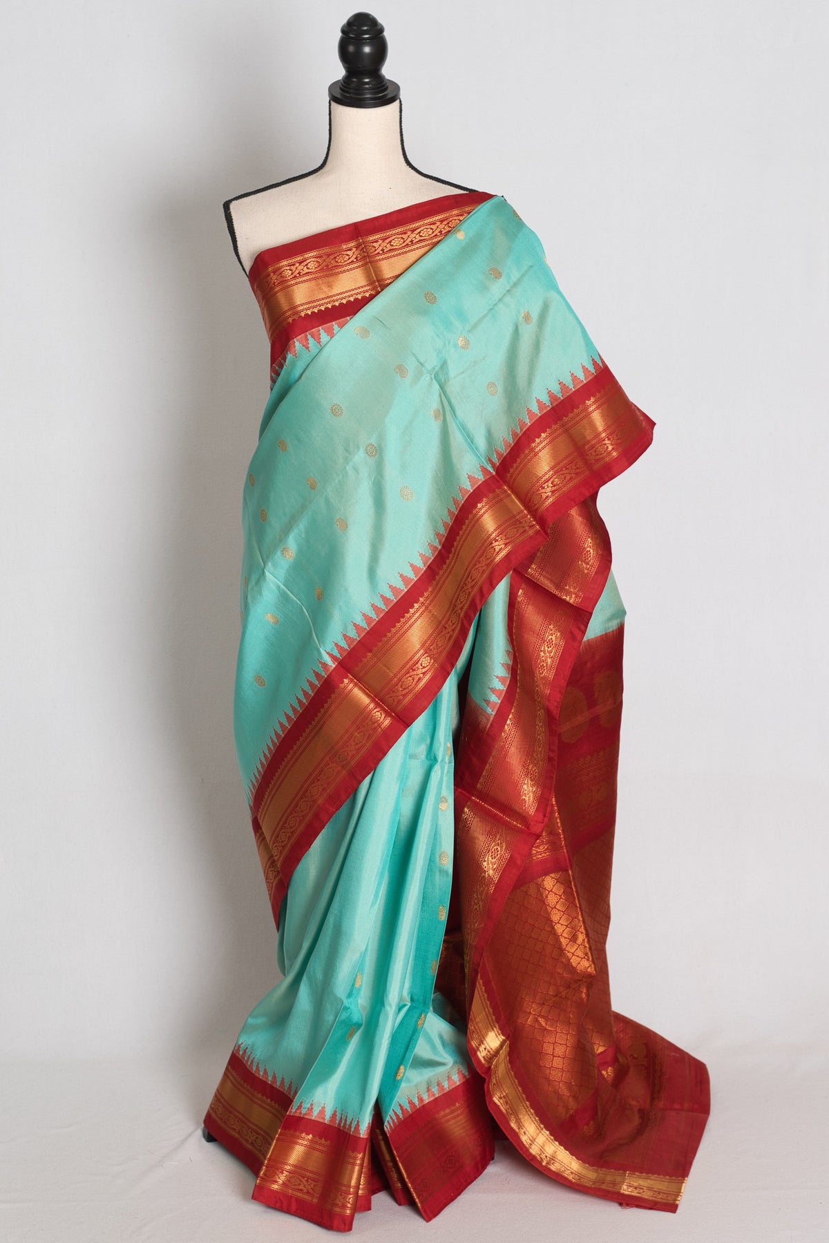 Shreya : Sea Blue & Red Handwoven Pure Gadwal Silk Saree with Stitched Blouse