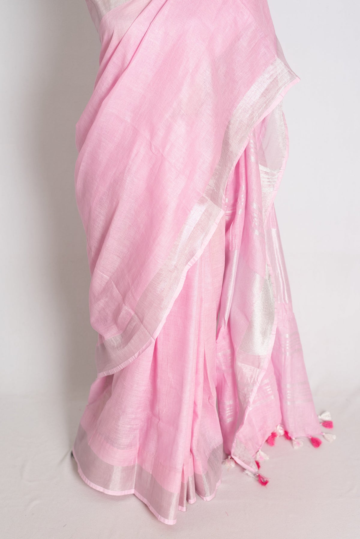 Girija : Baby Pink Pure Linen Saree with Silver Zari Border