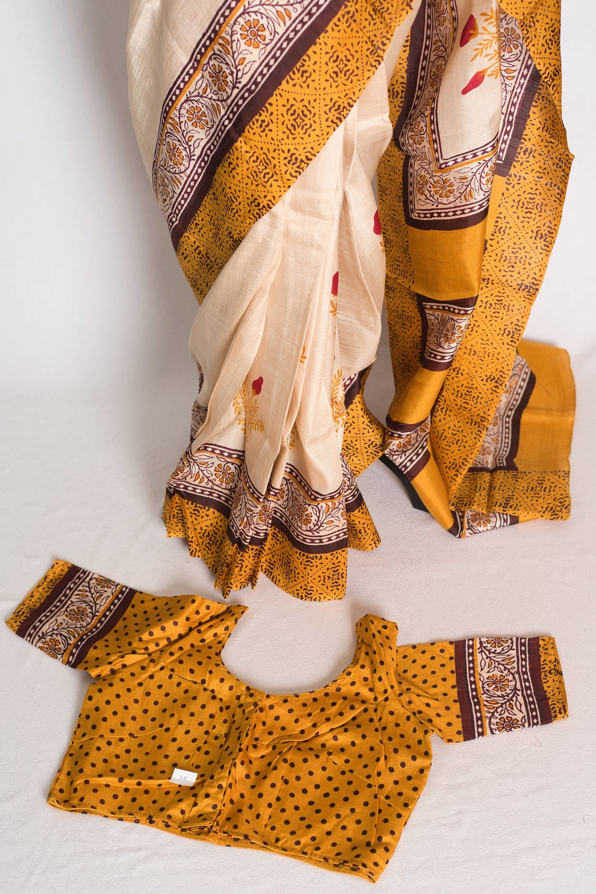 Mati : Cream and Mustard Yellow Printed Pure Silk Saree with 38 Size Blouse
