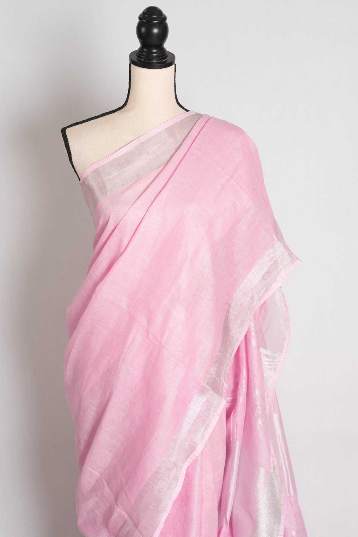 Girija : Baby Pink Pure Linen Saree with Silver Zari Border