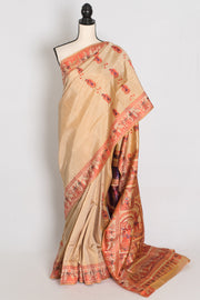 Bhromor | Beige & Orange Minakari Handwoven Baluchari Saree | 36 Size Blouse