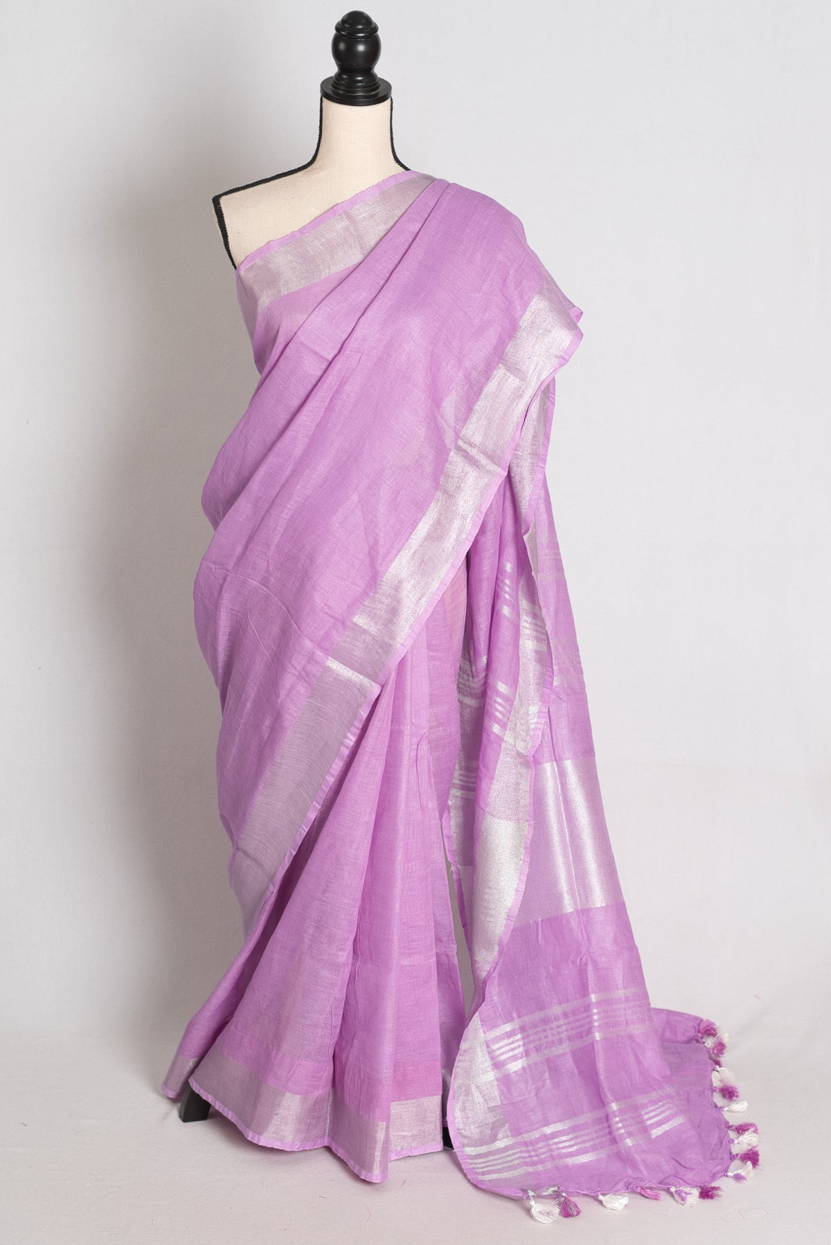 Vibha : Lilac Pure Linen Saree with Silver Zari Border