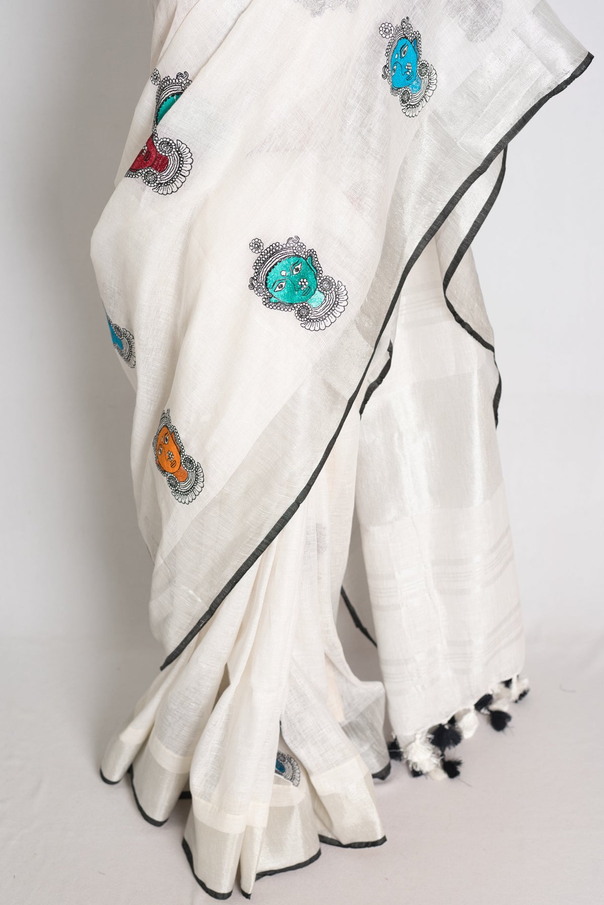 Durga : White Pure Linen Saree with Colorful Durga Face Machine Embroidery