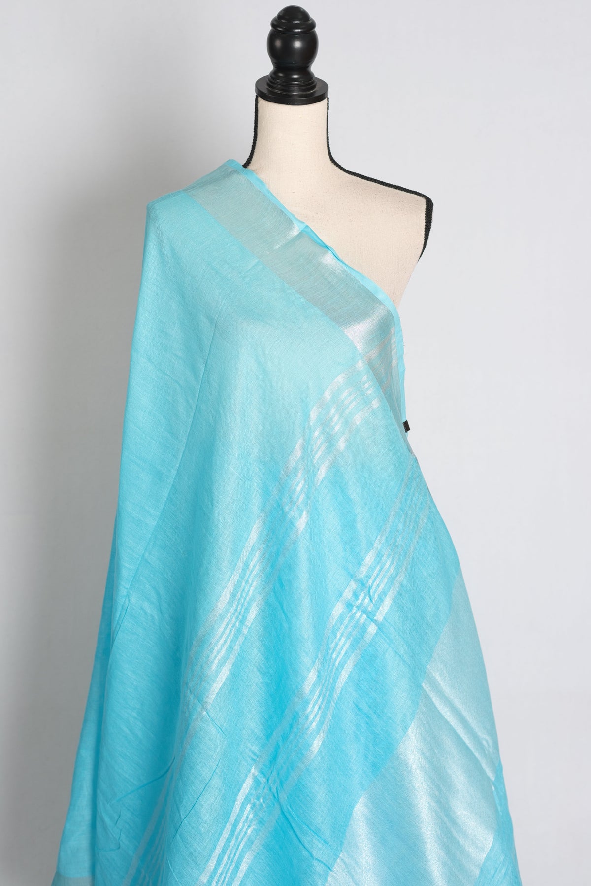 Arusi : Sky Blue Pure Linen Saree with Silver Zari Border