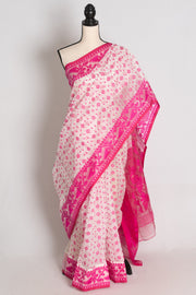 Niva : White and Pink Soft Blended Cotton Bengali Jamdani Saree