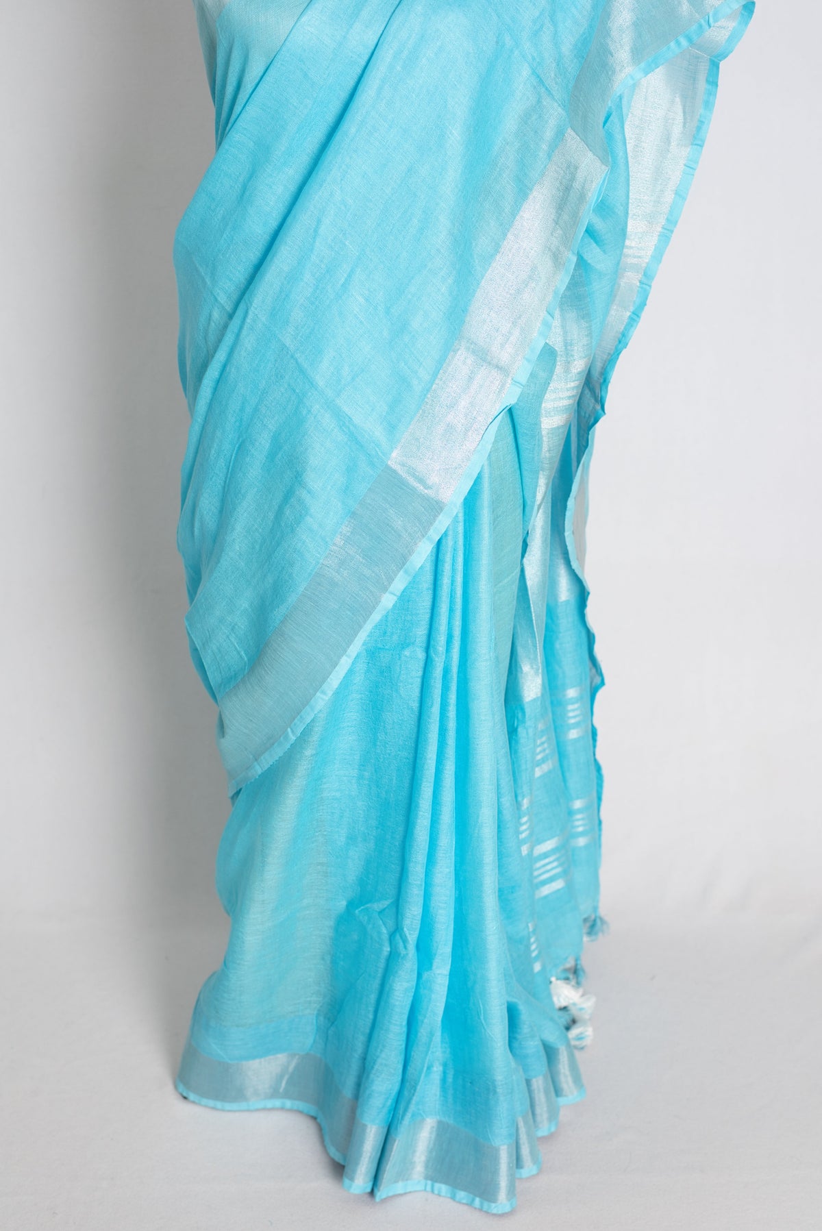 Arusi : Sky Blue Pure Linen Saree with Silver Zari Border