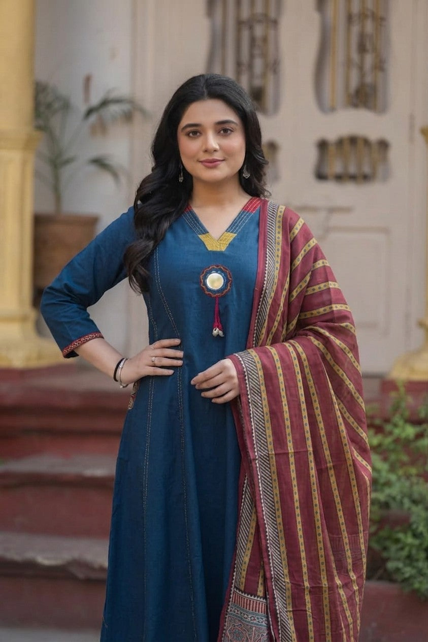 Elegant Navy Blue Kurta Set with Mirror Work & Traditional Striped Dupatta