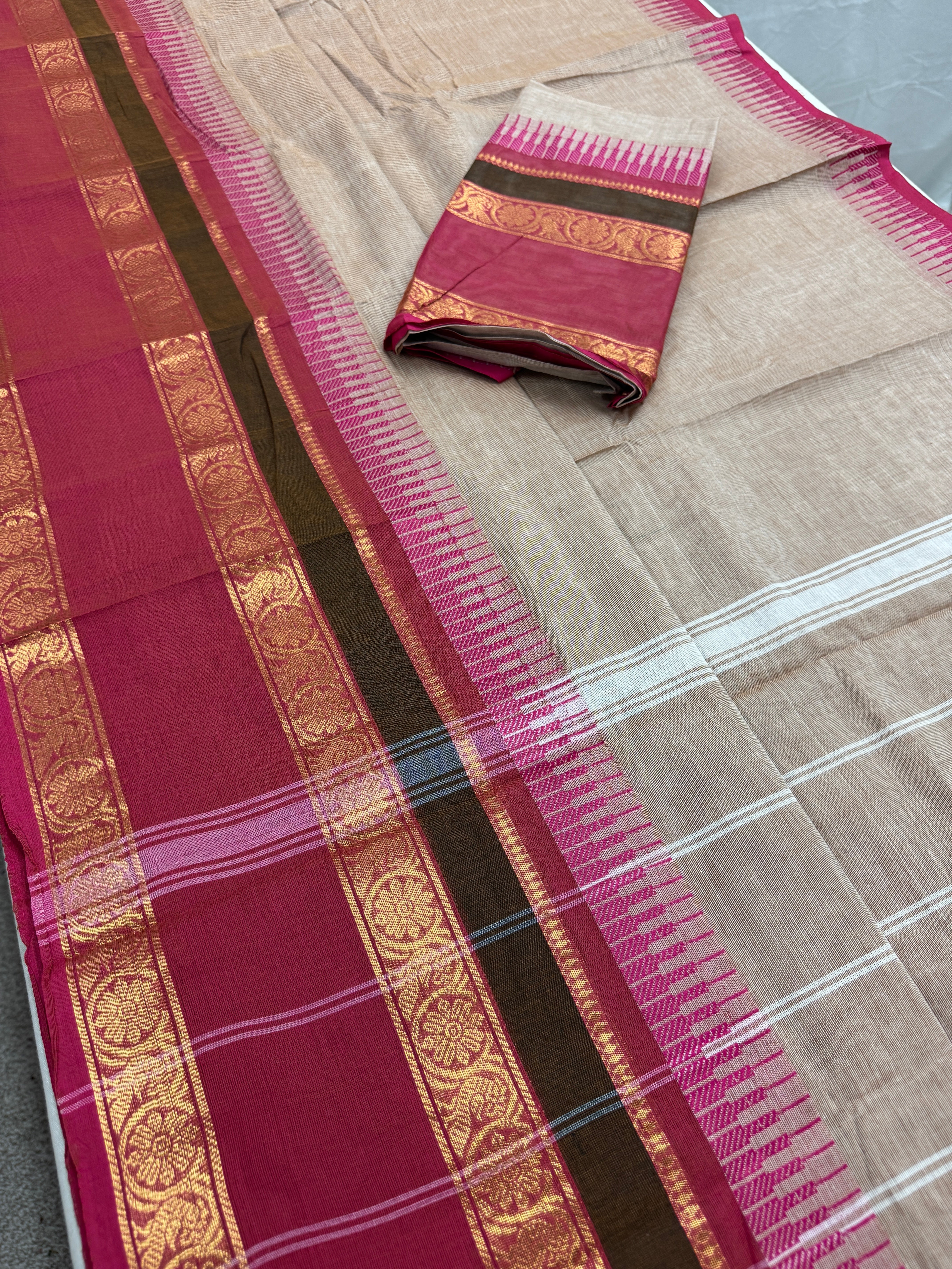 Avvai : Light Brown Kanchi Cotton Saree - Handwoven South Indian Elegance