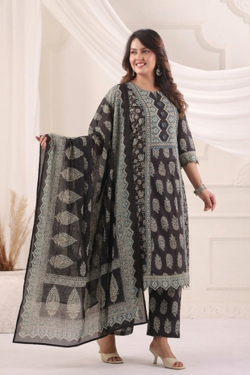 Elegant Black & Teal Floral Block Print Kurta Set – Premium 3-Piece Ethnic Wear