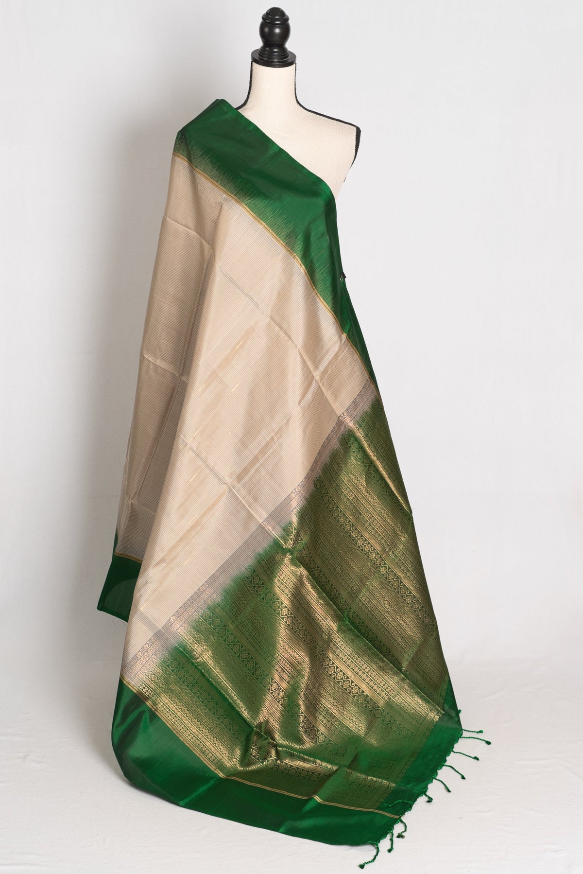 Srija : Cement Grey and Emerald Green Lightweight Kanjivaram Silk Saree