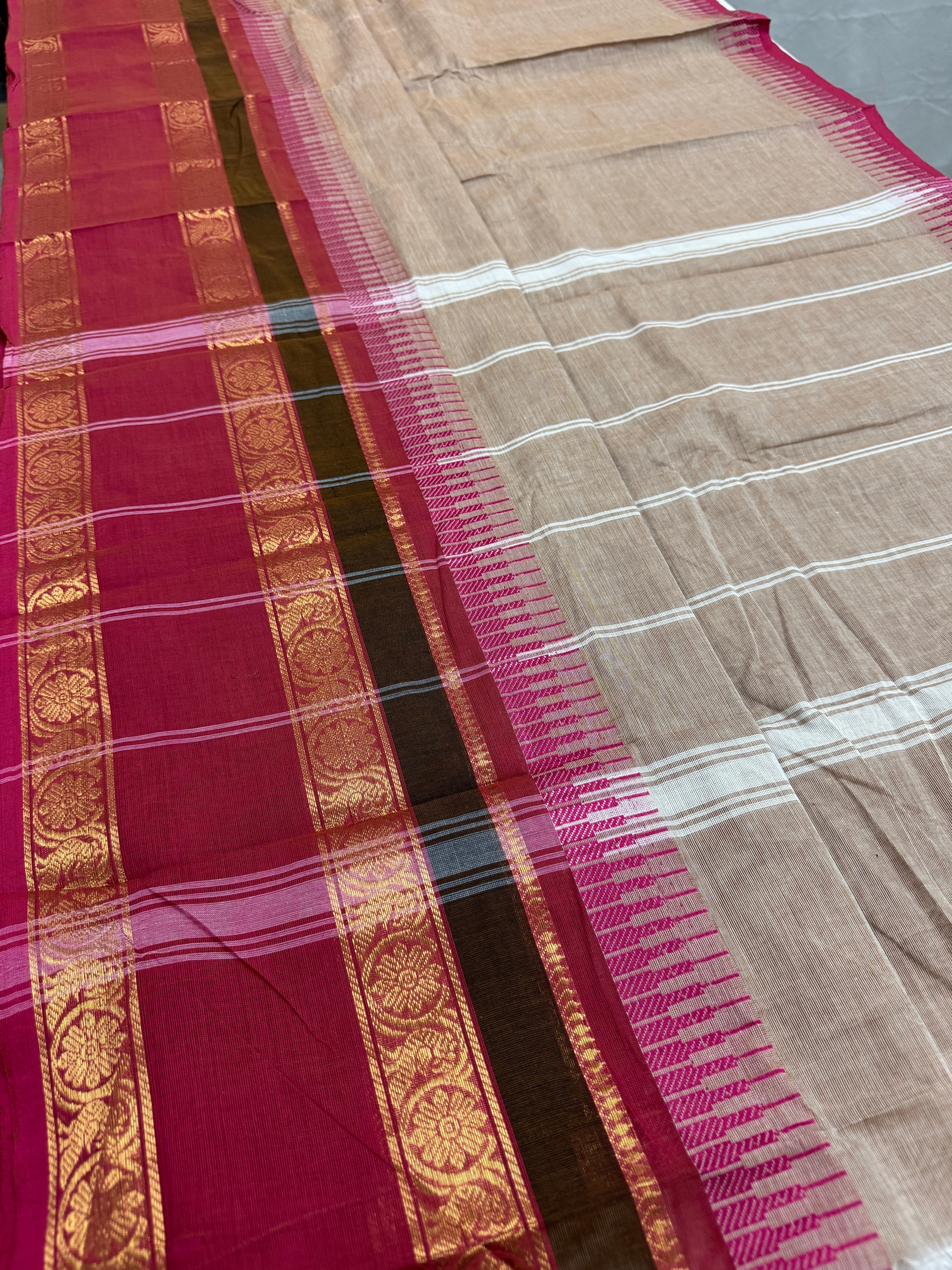 Avvai : Light Brown Kanchi Cotton Saree - Handwoven South Indian Elegance
