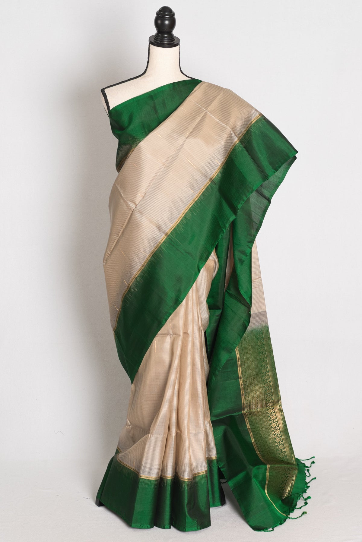 Srija : Cement Grey and Emerald Green Lightweight Kanjivaram Silk Saree