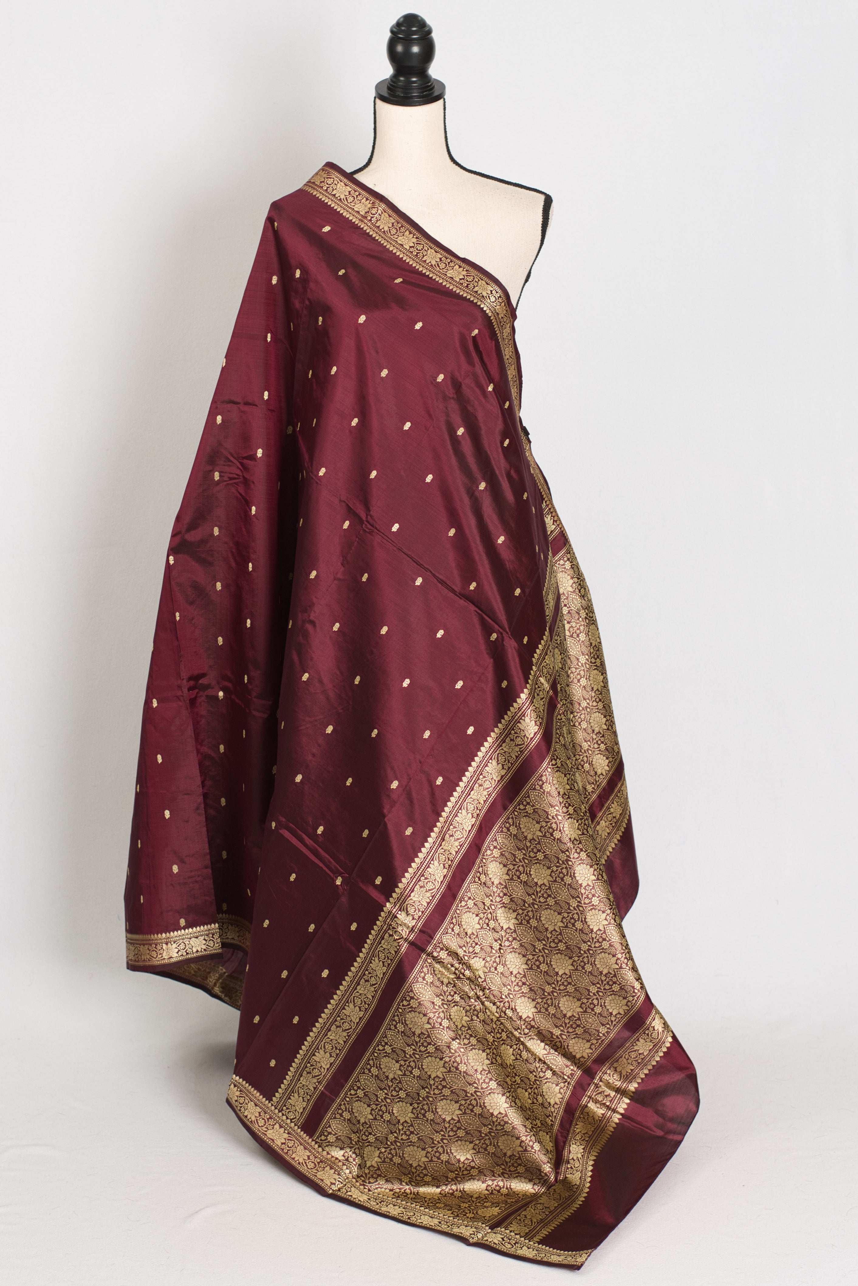 Noori : Certified Silk Burgundy Banarasi Katan Silk Saree with Resham Work
