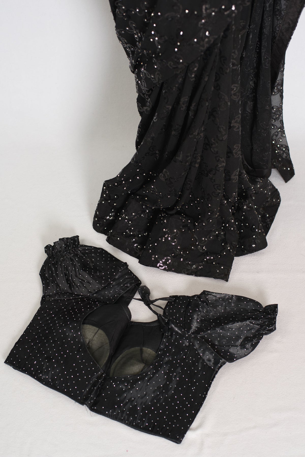 Kajaal | Black Soft Net Fitted Cocktail Saree| Sequins & Stone Embellishments