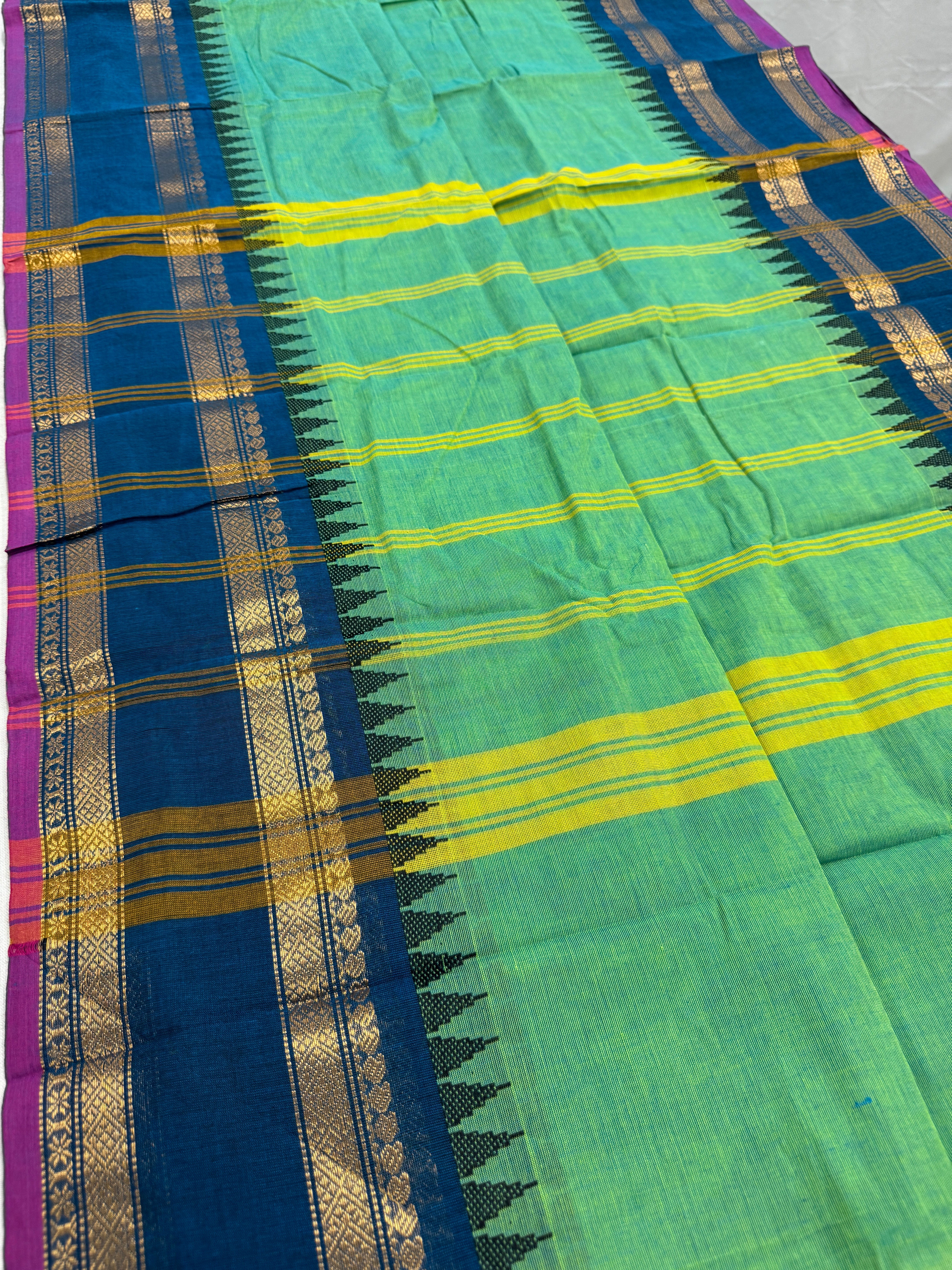 Priya : Green and Blue Kanchi Cotton Saree - Handwoven South Indian Elegance
